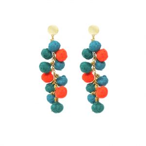 Dominica Pompom Cluster Earrings in Blue and Coral